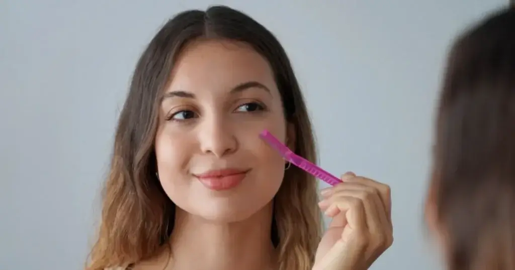 A woman uses a pink dermaplaning tool on her face in Gig Harbor, WA