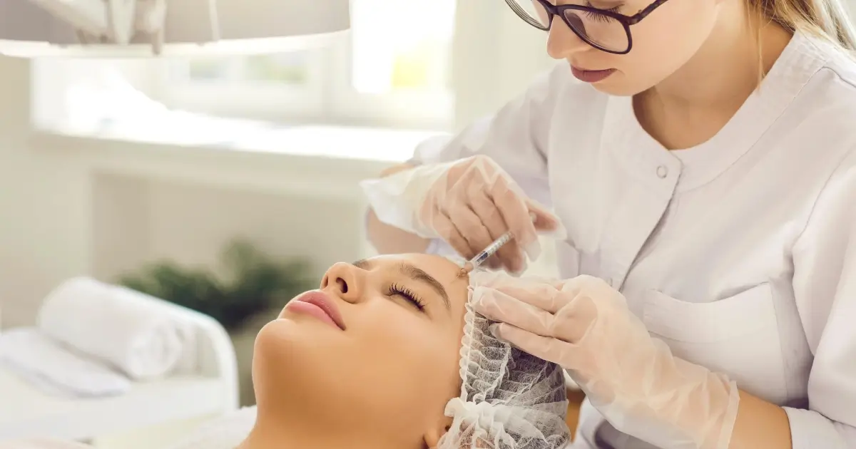 A medical professional administers a Sculptra injection in Gig Harbor, WA, to a reclining patient.