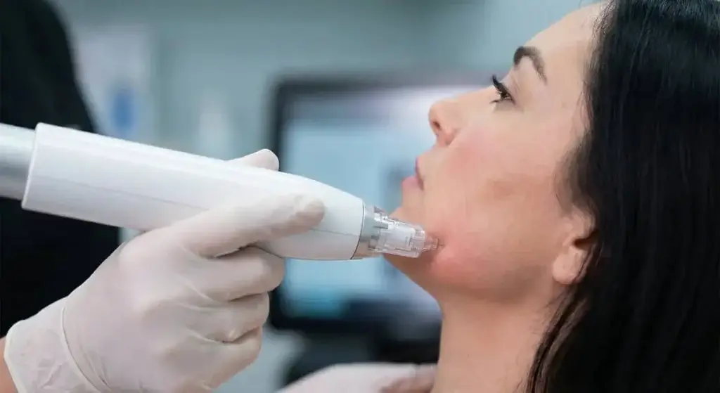 Provider performing Scarlet RF Microneedling treatment on the jawline for skin tightening and collagen stimulation at Gig Harbor Aesthetics in Gig Harbor, WA